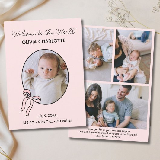 Welcome to the World Pink Newborn Photo Baby Birth 案内状