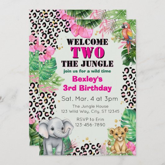 Welcome TWO Jungle Pink 2nd Birthday 招待状 (正面/裏面)