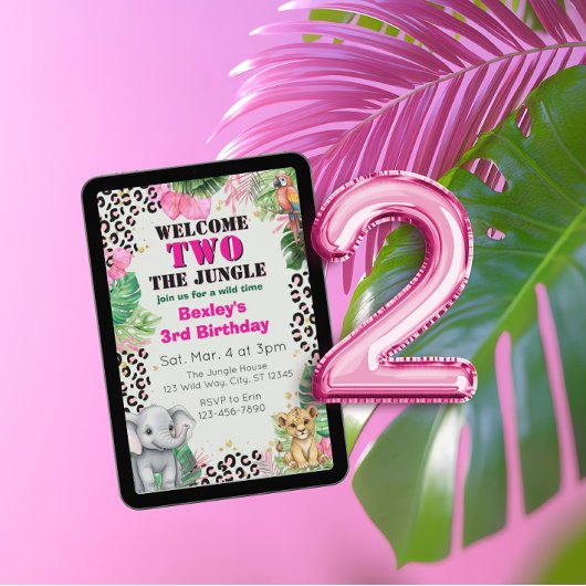 Welcome TWO Jungle Pink 2nd Birthday 招待状