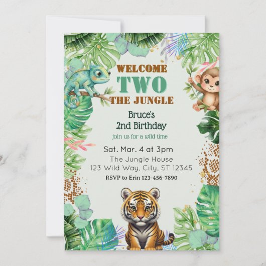 Welcome TWO Jungle, Watercolor 2nd Birthday 招待状 (正面)
