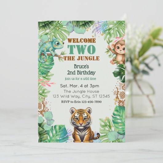 Welcome TWO Jungle, Watercolor 2nd Birthday 招待状 (スタンド正面)