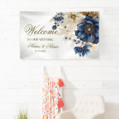 Welcome Wedding Navy Blue White Golden Floral 横断幕 (インサイチュ)