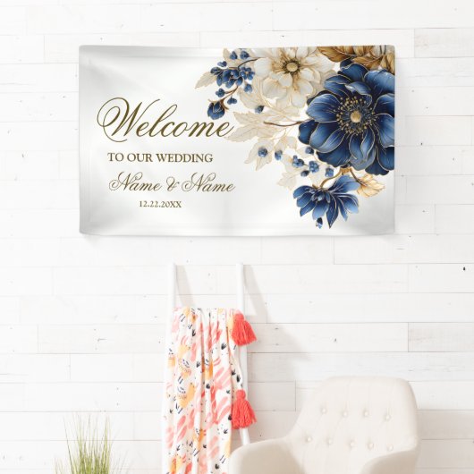 Welcome Wedding Navy Blue White Golden Floral 横断幕 (インサイチュ)