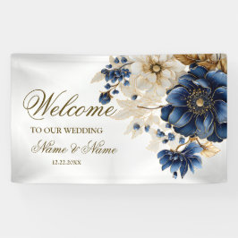 Welcome Wedding Navy Blue White Golden Floral 横断幕