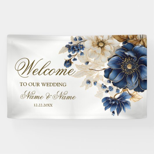 Welcome Wedding Navy Blue White Golden Floral 横断幕 (横)