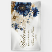 Welcome Wedding Navy Blue White Golden Floral 横断幕 (縦)