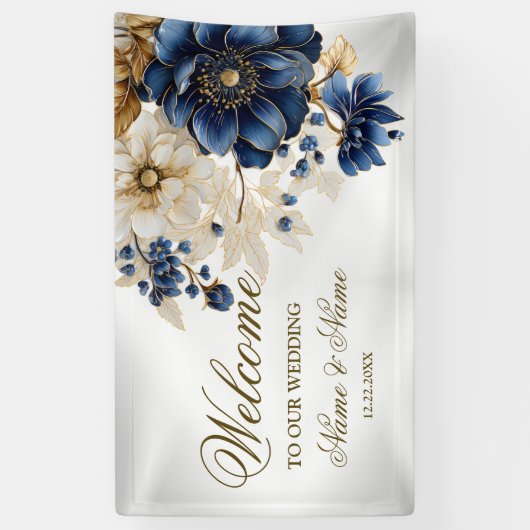 Welcome Wedding Navy Blue White Golden Floral 横断幕 (縦)