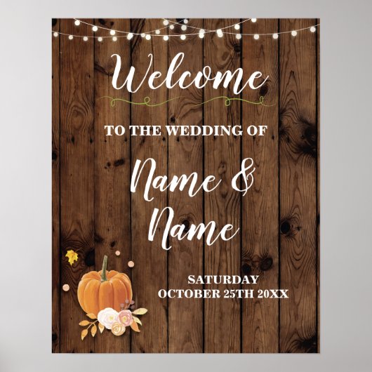 Welcome Wedding Poster Pumpkin Sign Wood Harvest ポスター (正面)