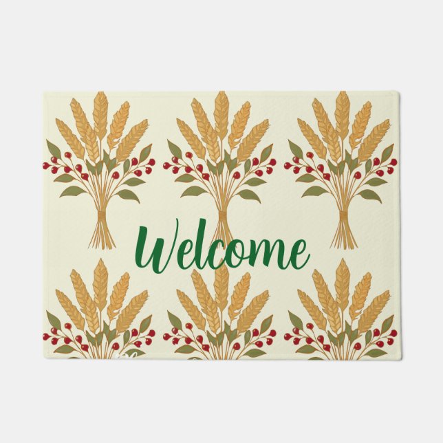 🌾 **"Welcome" Wheat Bouquet Doormat ドアマット (正面)
