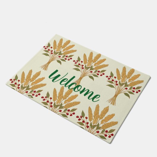 🌾 **"Welcome" Wheat Bouquet Doormat ドアマット (アングル)