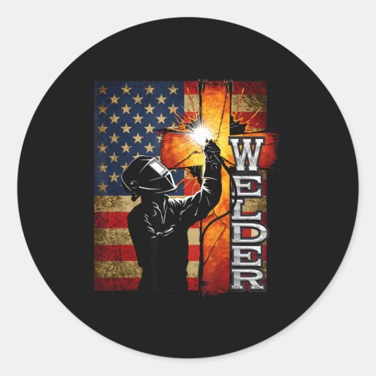 Welder American Flag Welding Faith Cross Christian ラウンドシール (正面)