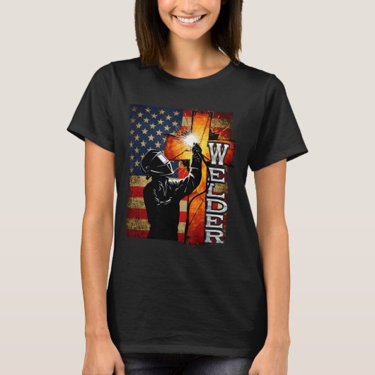 Welder American Flag Welding Faith Cross Christian Tシャツ (正面)