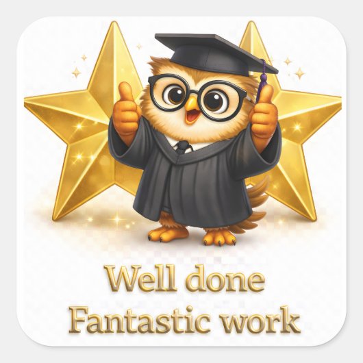Well done, fantastic work graduation owl three gol スクエアシール (正面)
