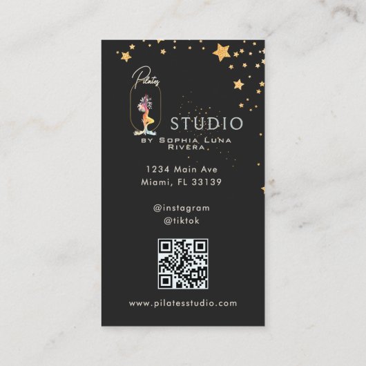 Wellness Yoga Studio Gold Stars Black QR Code 名刺 (裏面)