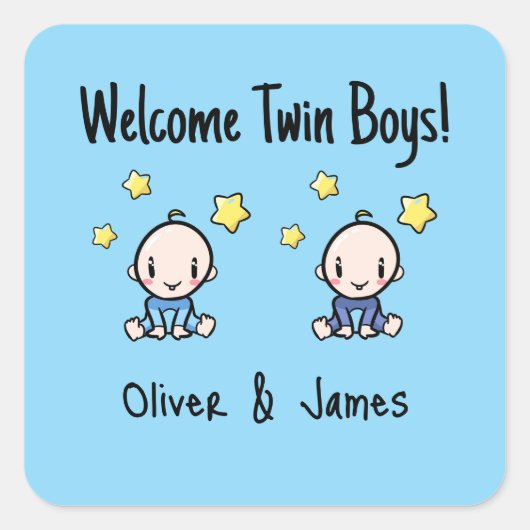 Welome Twin Boys!, Blue, Personalized Twin Babies  スクエアシール (正面)