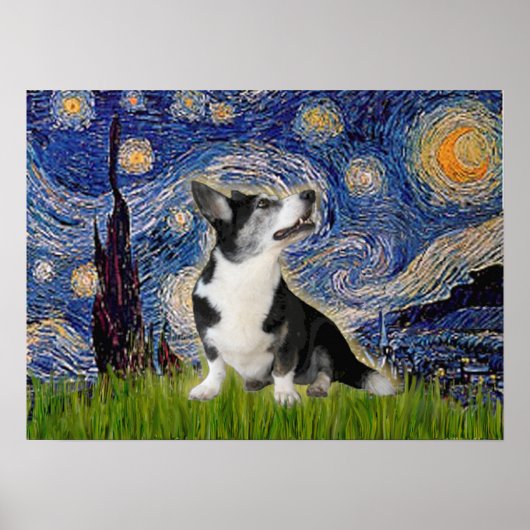 Welsh Corgi  Bi Black   Starry Night ポスター (正面)