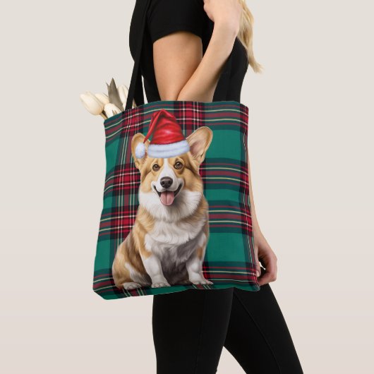 Welsh Corgi Christmas Dog Seasonal Green Plaid トートバッグ (クローズアップ)