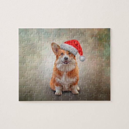 Welsh Corgi in red hat of Santa Claus ジグソーパズル (横)