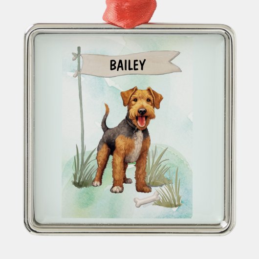 Welsh Terrier Watercolor Personalized Dog メタルオーナメント (正面)