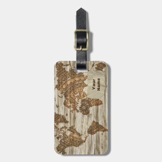 Weltkarte | Holz-Kompass ラゲッジタグ (正面縦)