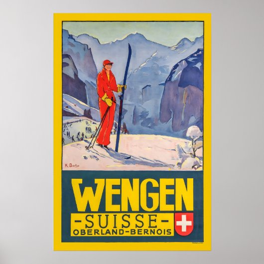 Wengen Oberland Bernois Switzerland Vintage Ski ポスター (正面)