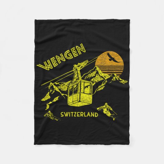 Wengen Switzerland Retro Skiing Tee  フリースブランケット (正面)