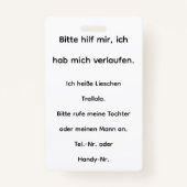"Wenn ich Hilfe brauche:" Ausweis バッジ (裏面)