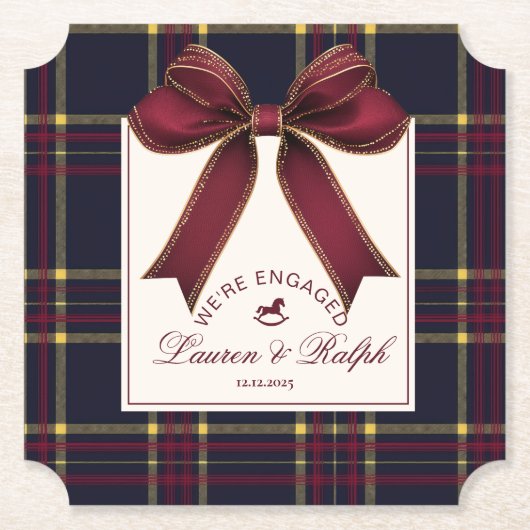 We're engaged Engagement Party Red Bow Christmas ペーパーコースター (正面)