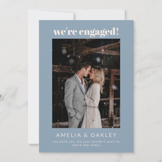 We're Engaged Minimalist Elegant Photo Dusty Blue 案内状 (正面)