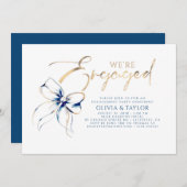 We're Engaged Navy Blue Bow Engagement Party 招待状 (正面/裏面)