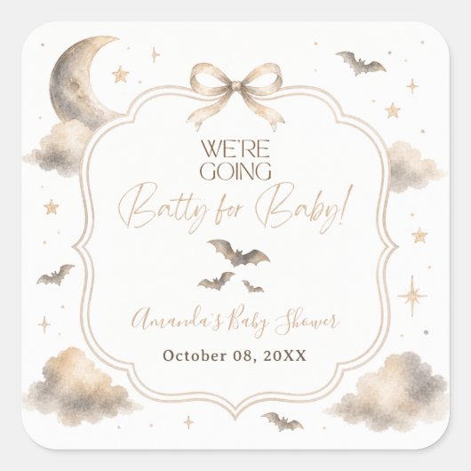 We're Going Batty for Baby Moon Bat ベビーシャワー スクエアシール (正面)