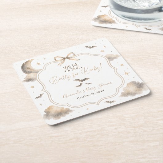We're Going Batty for Baby Moon Bat ベビーシャワー スクエアペーパーコースター (アングル)