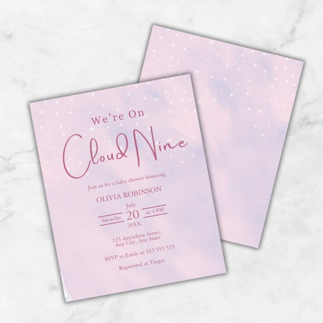 We're On Cloud 9 Dreamy Pinkベビーシャワー招待状 (Budget We're On Cloud 9 Dreamy Pink Girl Baby Shower Invitation   )