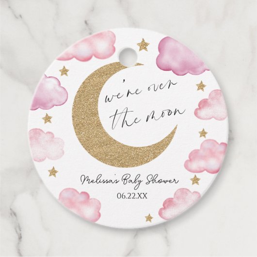 We're Over The Moon ピンクの天体ベビーシャワー フェイバータグ (正面)