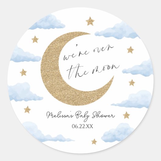 We're Over The Moon Blue Celestial Baby Shower ラウンドシール (正面)
