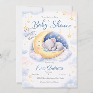We're Over the Moon Elephant Boy Baby Shower 招待状