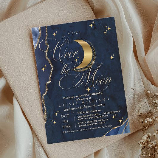 We're Over the Moon Gold Stars Blue Baby Shower  招待状