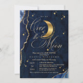 We're Over the Moon Gold Stars Blue Baby Shower  招待状 (正面)