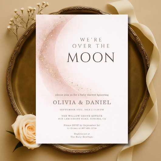 We're Over The Moon Pink Couples Baby Shower 招待状