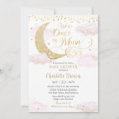 We're Over the Moon Stars Pink Gold Baby Shower 招待状 (正面)