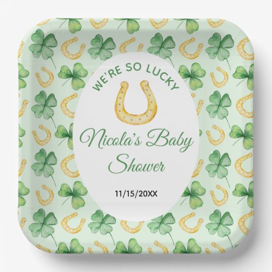 We're So Lucky Horseshoe St Patrick's Baby Shower ペーパープレート (正面)