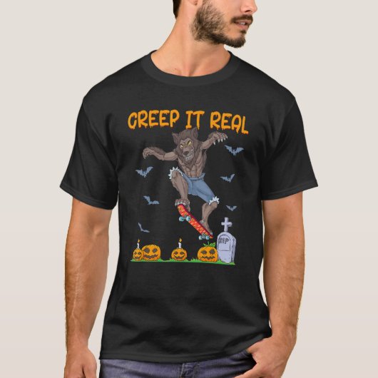 Werewolf Skater Halloween Skateboarding Creep It R Tシャツ (正面)