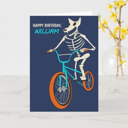 Werewolf Skeleton on a BMX Bike Boys Birthday カード (黄色い花)