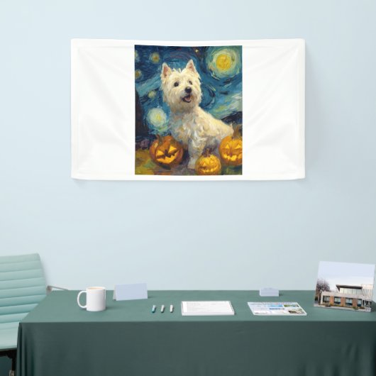 West Highland Terrier Cute Dog Halloween Jack O La 横断幕 (トレードショー)