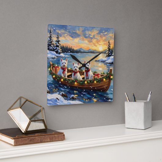 West Highland White Terrier Christmas Boat Holiday スクエア壁時計 (オフィス)