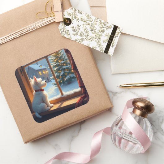 West Highland White Terrier Christmas Morning View スクエアシール (ギフト)