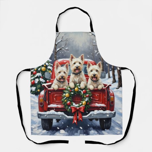 West Highland White Terrier Christmas Red Truck エプロン (正面)