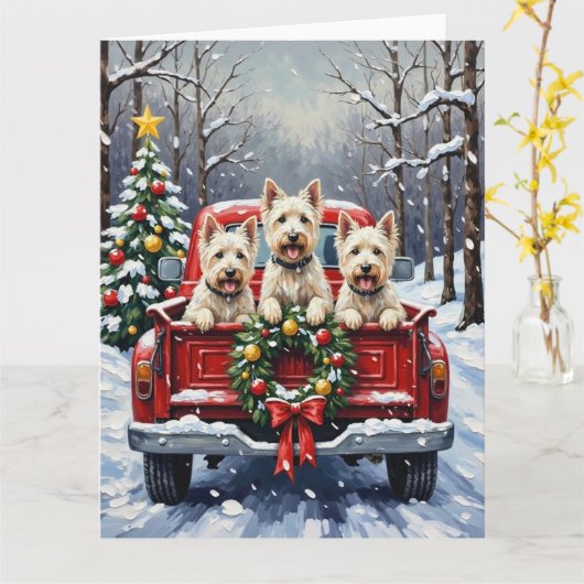 West Highland White Terrier Christmas Red Truck カード (黄色い花)