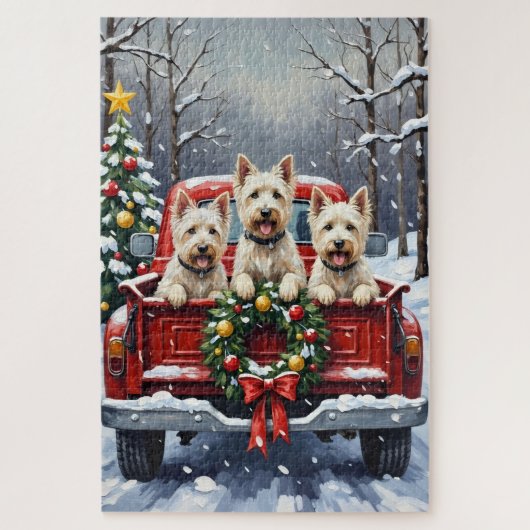 West Highland White Terrier Christmas Red Truck ジグソーパズル (縦)
