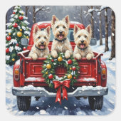 West Highland White Terrier Christmas Red Truck スクエアシール (正面)